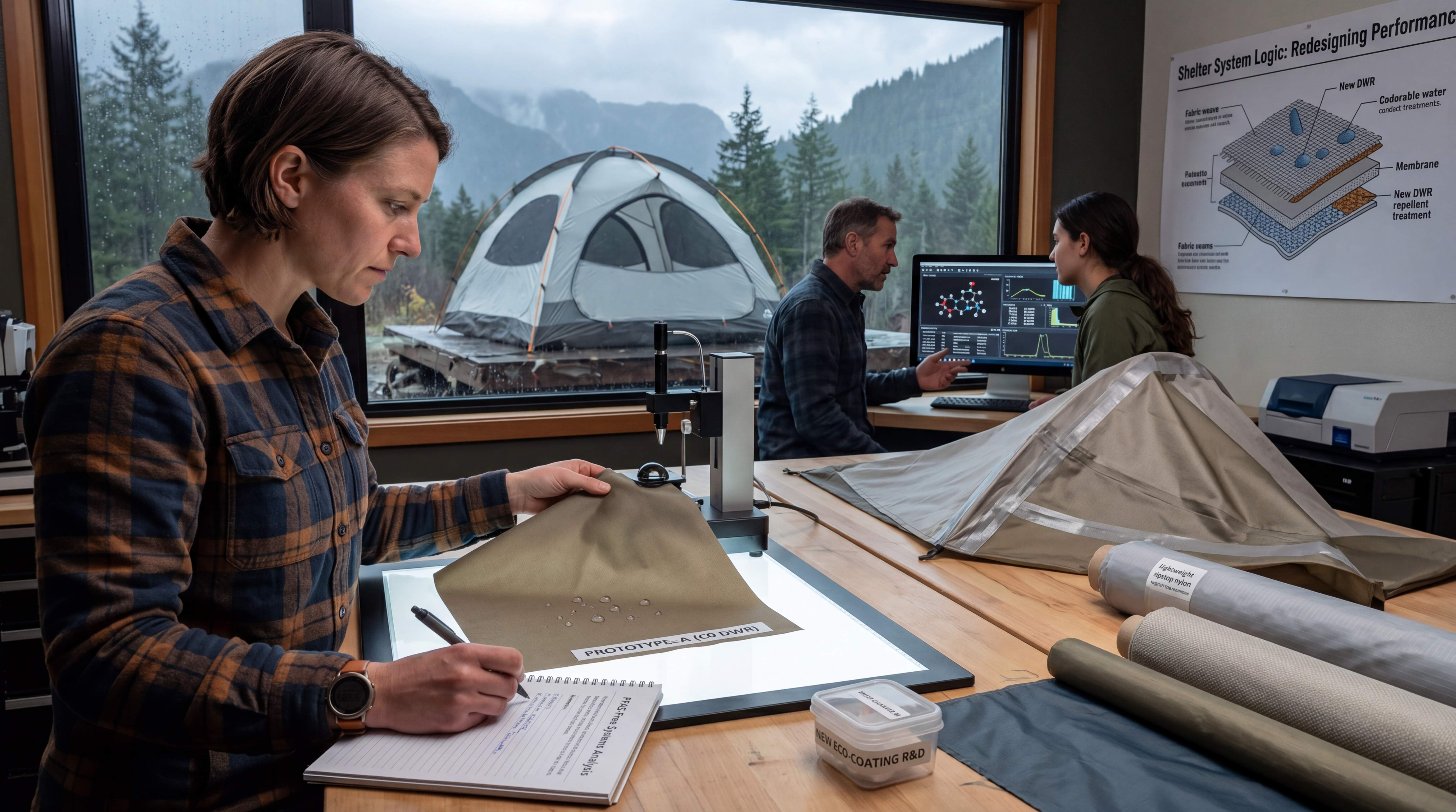 Lab testing of prototype tent fabrics and eco-coating systems for PFAS-free, sustainable, next-generation shelter design